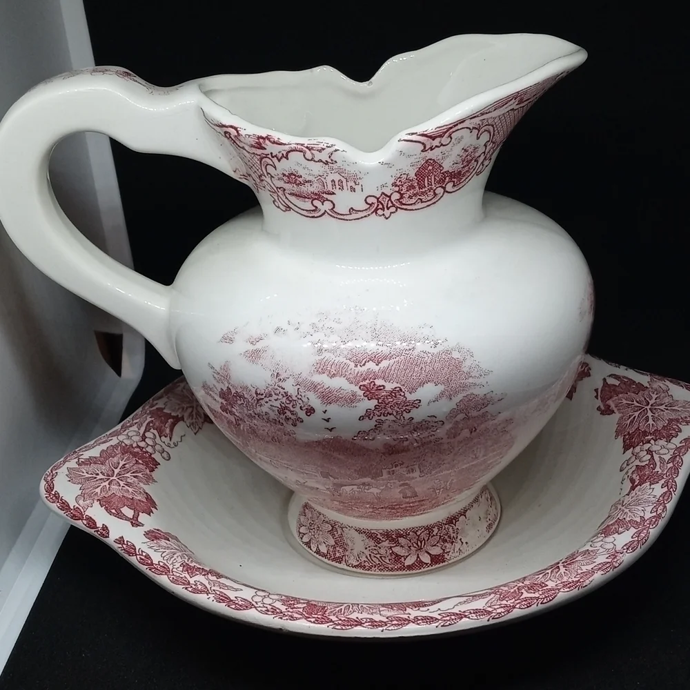 Vintage Art Mark  Arco Red Japan Pastoral Scene Mini Pitcher And Plate
